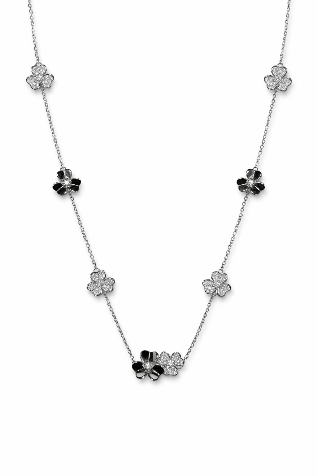 Collar Frivole — Flores de Trébol en Plata con Zirconia y Esmalte Negro