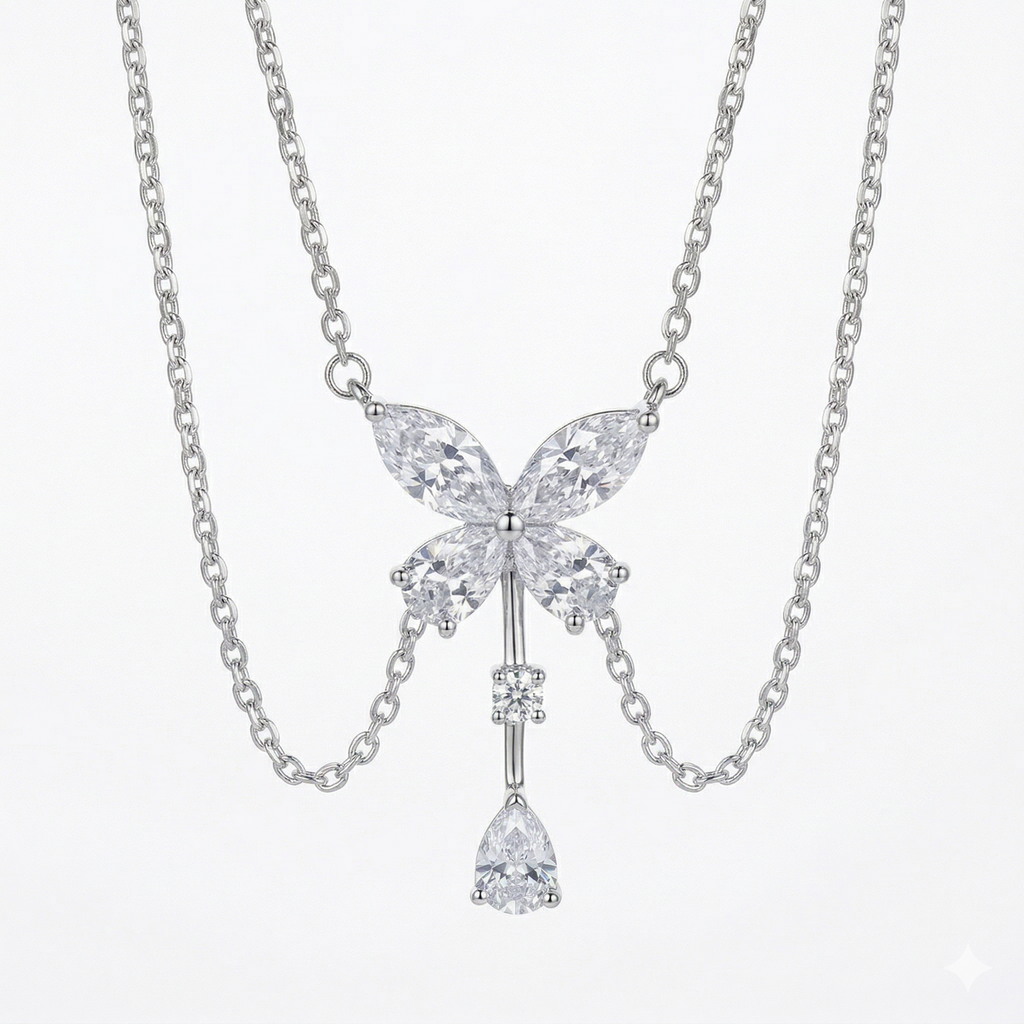 Collar Butterfly — Plata Esterlina 925 con Zirconia Marquesa y Drop Pear